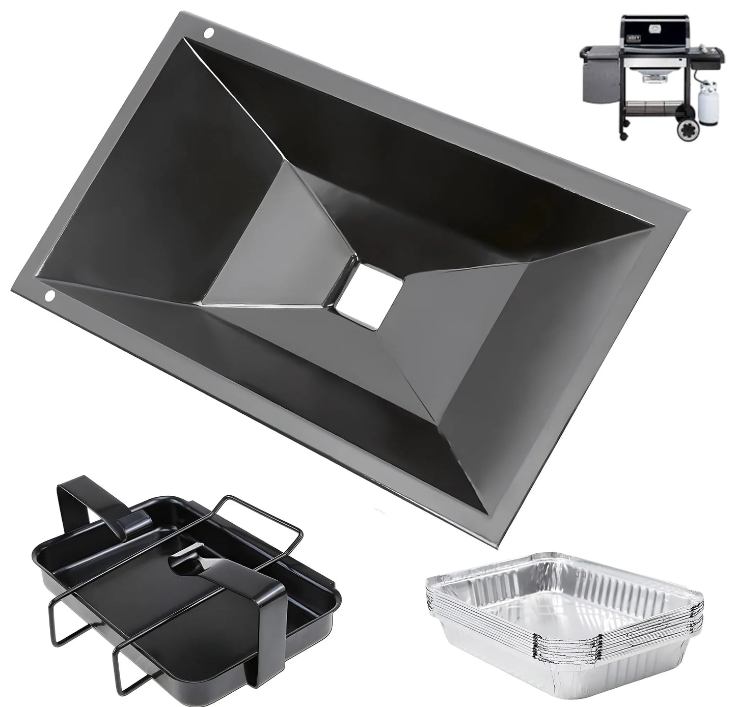 Complete 99251 grease management kit for Weber Spirit 200, Spirit 500 series and Genesis Silver A, featuring a large drip tray, catch pan holder, and aluminum liners.