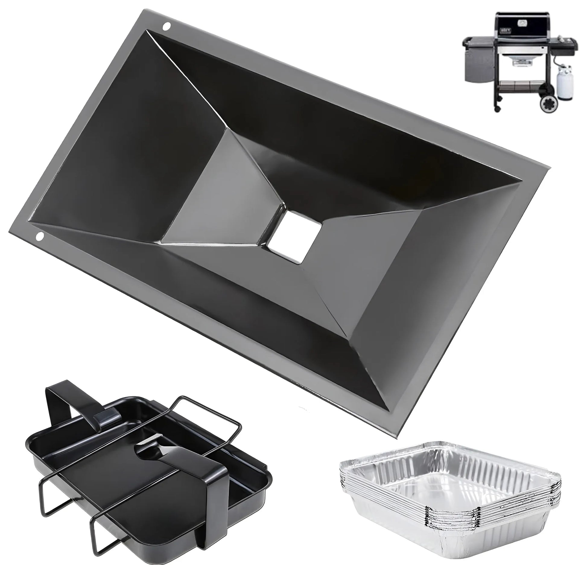 Complete 99251 grease management kit for Weber Spirit 200, Spirit 500 series and Genesis Silver A, featuring a large drip tray, catch pan holder, and aluminum liners.
