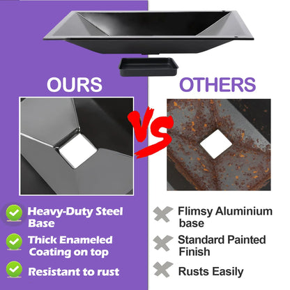 Quality comparison showing the our heavy-duty enameled steel drip tray for Weber vs. a standard rusted aluminum tray for Weber side-control grills.