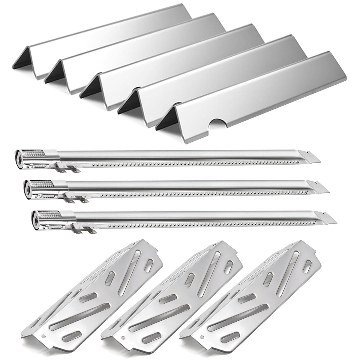 Stainless steel Grill parts kit with 5-pack flavorizer bars, 3-pack burners, and 3-pack heat deflectors replacing Weber 66032 for Genesis II 300 grills.