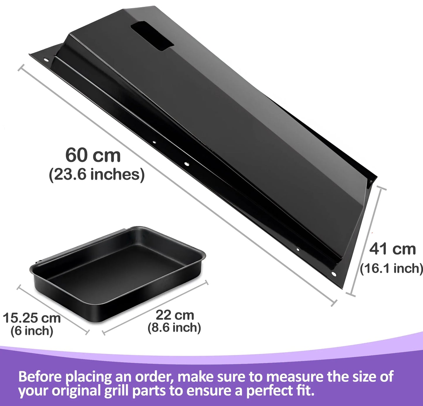 Dimension guide for Weber Genesis 300 grease tray (23.6 x 16.1 inches) and 67047 catch pan (8.6 x 6 inches) for side-control models.
