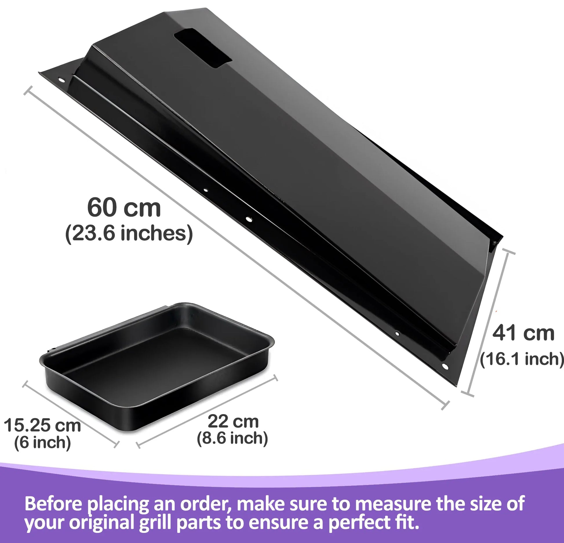 Dimension guide for Weber Genesis 300 grease tray (23.6 x 16.1 inches) and 67047 catch pan (8.6 x 6 inches) for side-control models.