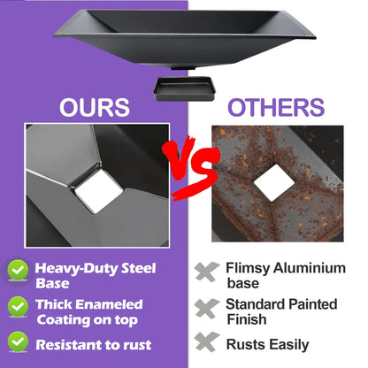 Comparison of heavy-duty enameled steel Weber Genesis II 300 series drip tray vs. rusted and flimsy aluminum alternatives.