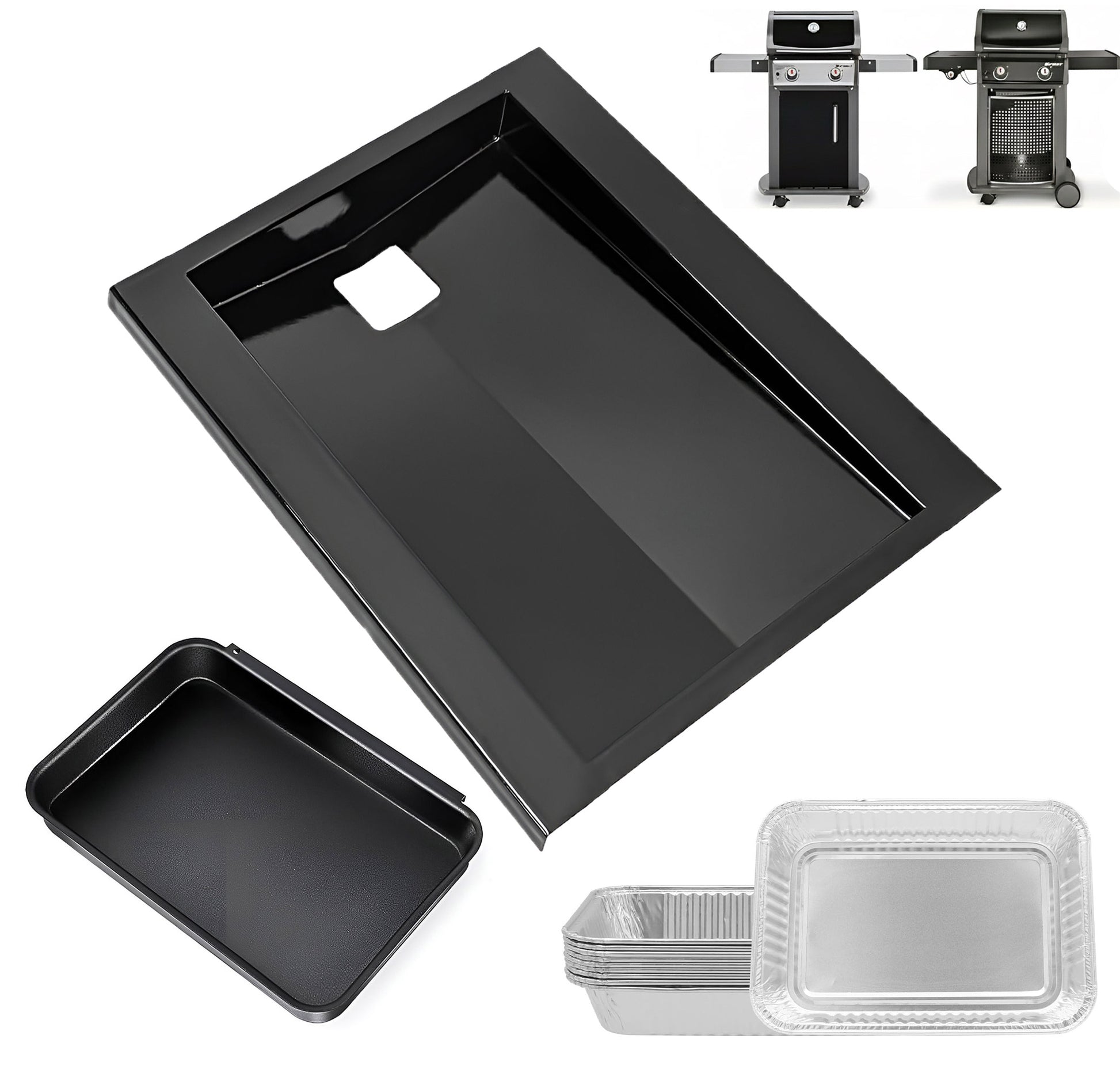 Grease drip tray and cup kit with 10 liners replacing Weber 69803 for front-control Spirit 200 series gas grills.