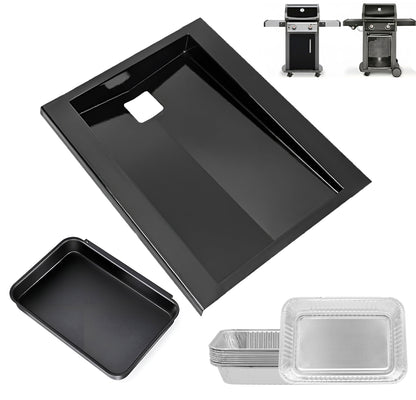 Grease drip tray and cup kit with 10 liners replacing Weber 69803 for front-control Spirit 200 series gas grills.