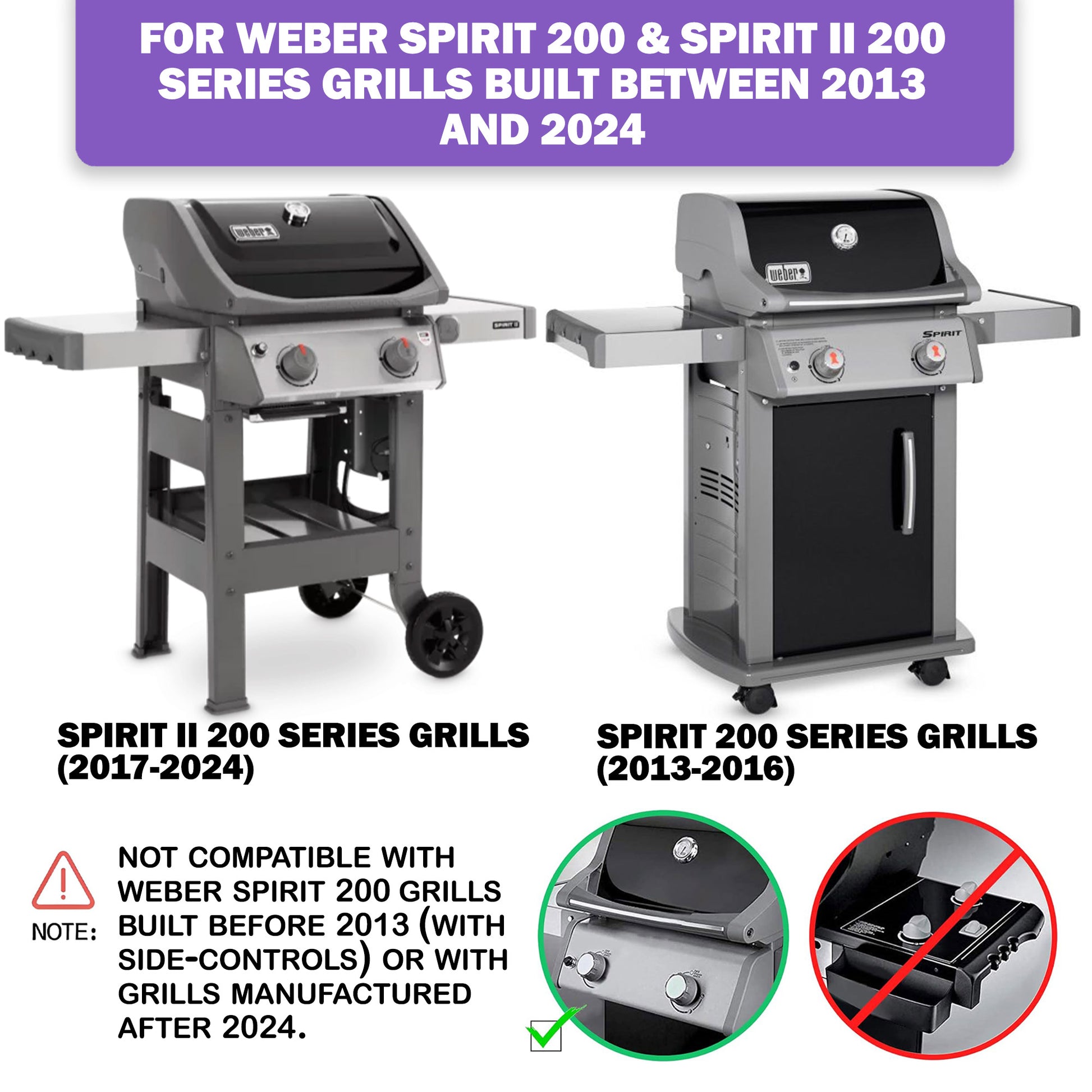 Compatibility chart for 7637 stainless steel grill grates, indicating fit for Weber Spirit E-215, Classic E-210, Spirit II E-220, Spirit II E-210, Spirit E-210, Spirit S-210, and Spirit E-220 with front-mounted controls. Clarifies incompatibility with side-control Spirit 200 grills.