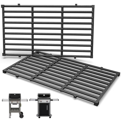 Two new 7637 cast iron replacement grill grates for Weber Spirit 200 series (Spirit E-210, E-220 compatible) on a white background, displayed with compatible Weber Spirit gas grills.