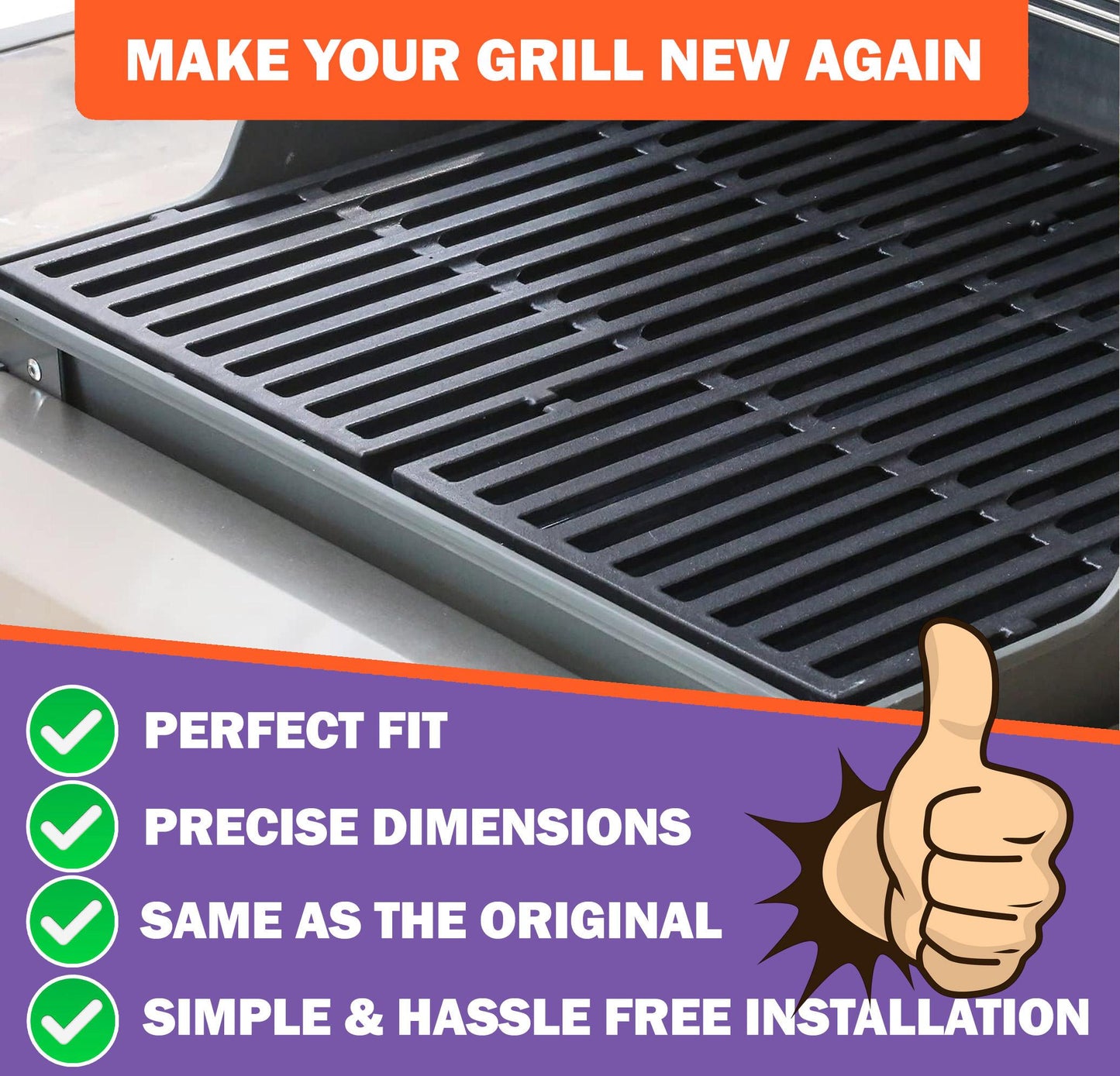 New 7637 cast iron grill grates perfectly installed in a Weber Spirit E-210 or E-220 series gas grill, highlighting ideal fit and easy installation to 'MAKE YOUR GRILL NEW AGAIN'.