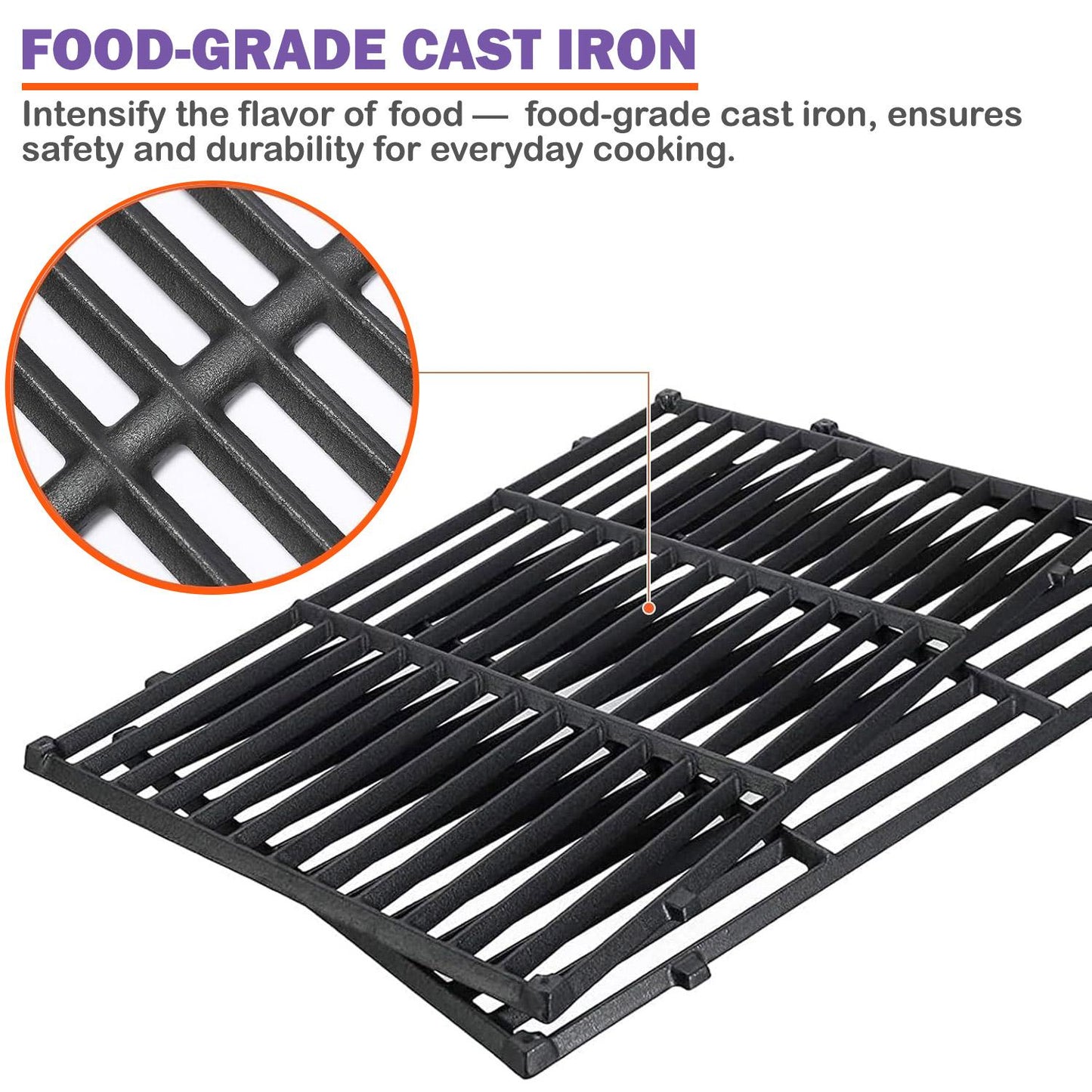 Close-up of food-grade cast iron material in the 7637 replacement grill grates for Weber Spirit 210 and 220 grills, emphasizing durability and flavor enhancement.