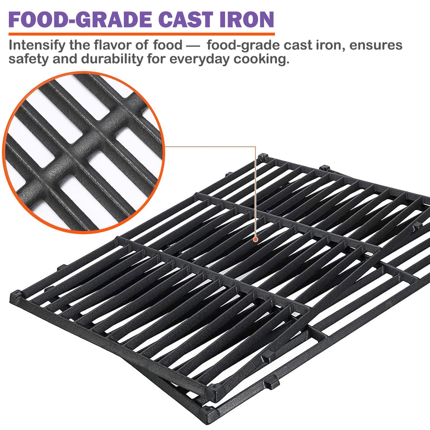Close-up of food-grade cast iron material in the 7637 replacement grill grates for Weber Spirit 210 and 220 grills, emphasizing durability and flavor enhancement.