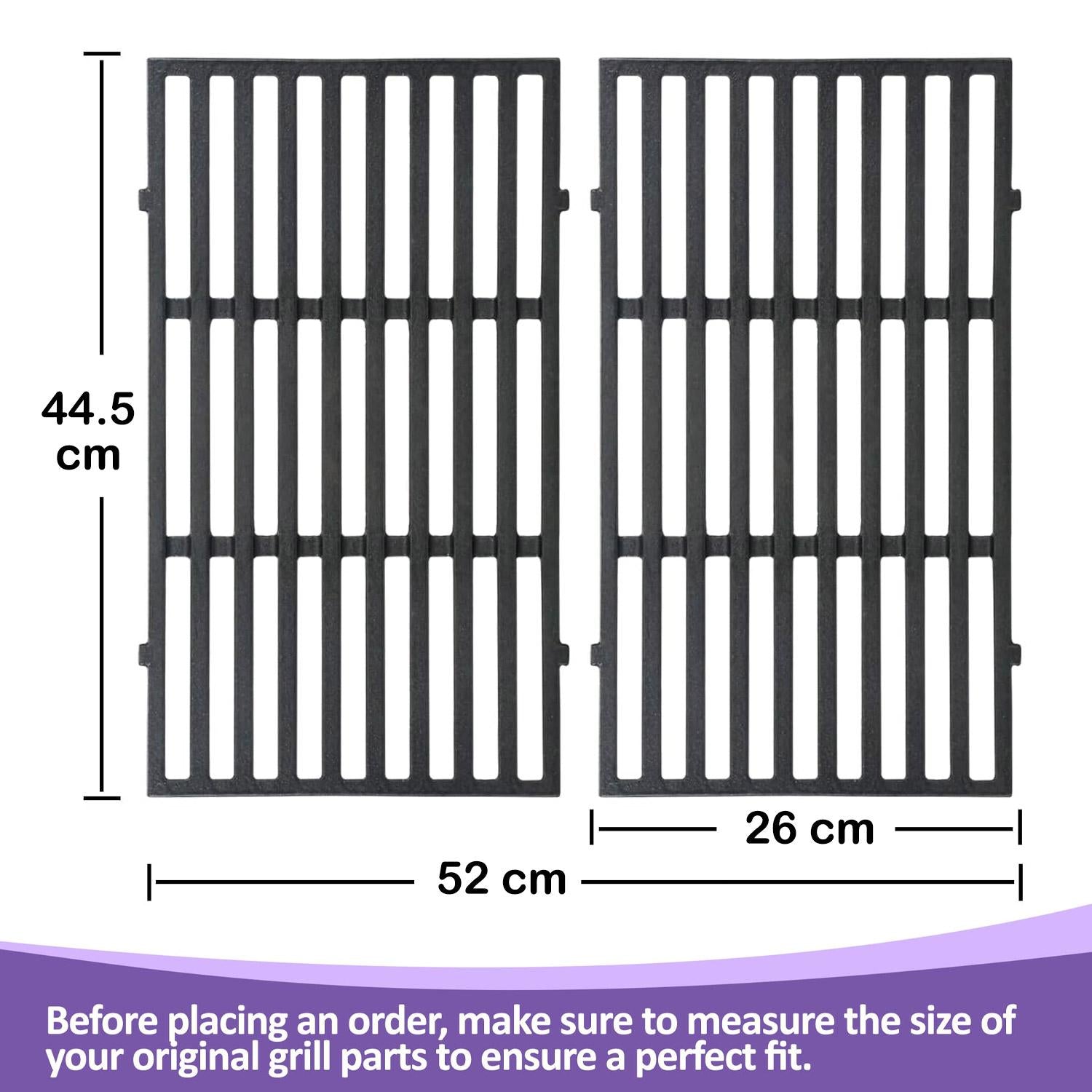 Dimensions of two 7637 cast iron replacement grill grates for Weber Spirit 200 series (44.5 cm L x 26 cm W each, 52 cm total W), with a reminder to measure existing Weber Spirit 210/220 grill parts for a perfect fit.