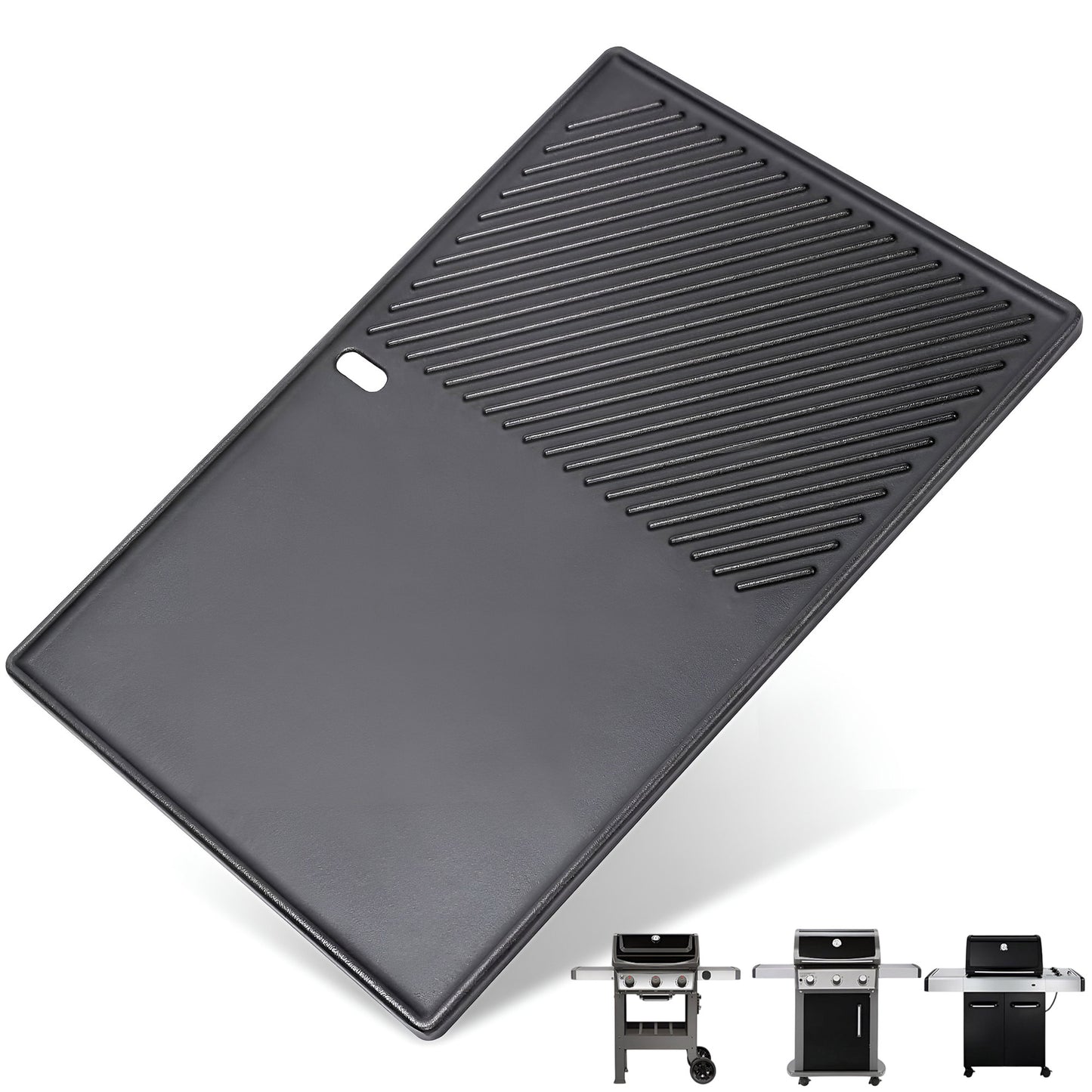 Dual-sided cast iron flat griddle plate replacing Weber 7598 for Spirit 300, Spirit II, and SmokeFire gas grills.