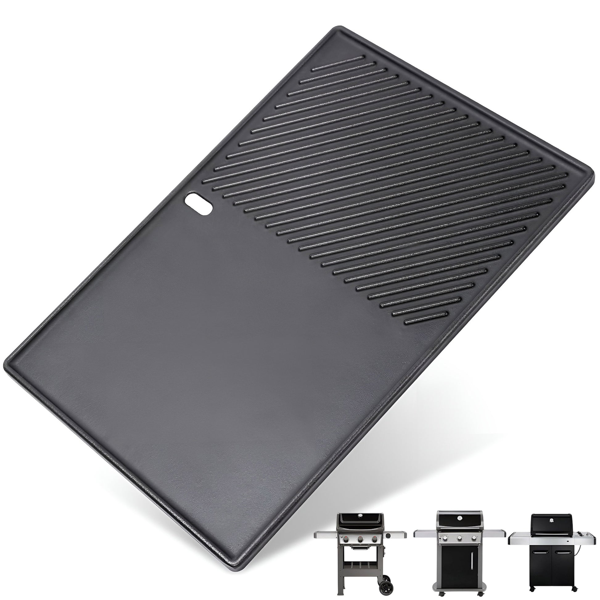 Dual-sided cast iron flat griddle plate replacing Weber 7598 for Spirit 300, Spirit II, and SmokeFire gas grills.