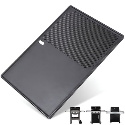Dual-sided cast iron flat griddle plate replacing Weber 7598 for Spirit 300, Spirit II, and SmokeFire gas grills.