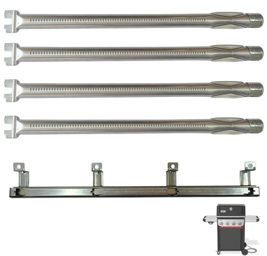 4-pack stainless steel burners with crossover channel for Weber Spirit 400 series grills replacing 4551203 and 4551213.