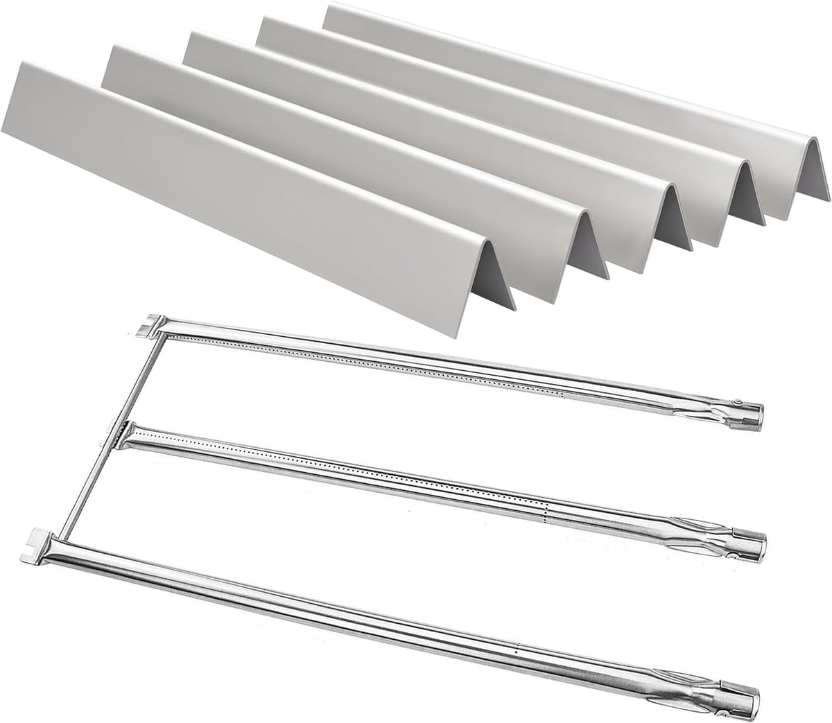 Stainless steel 5-pack flavorizer bars & 3-pack burner set replacing Weber 7536/7508 for Spirit 300 & Genesis side-control grills.