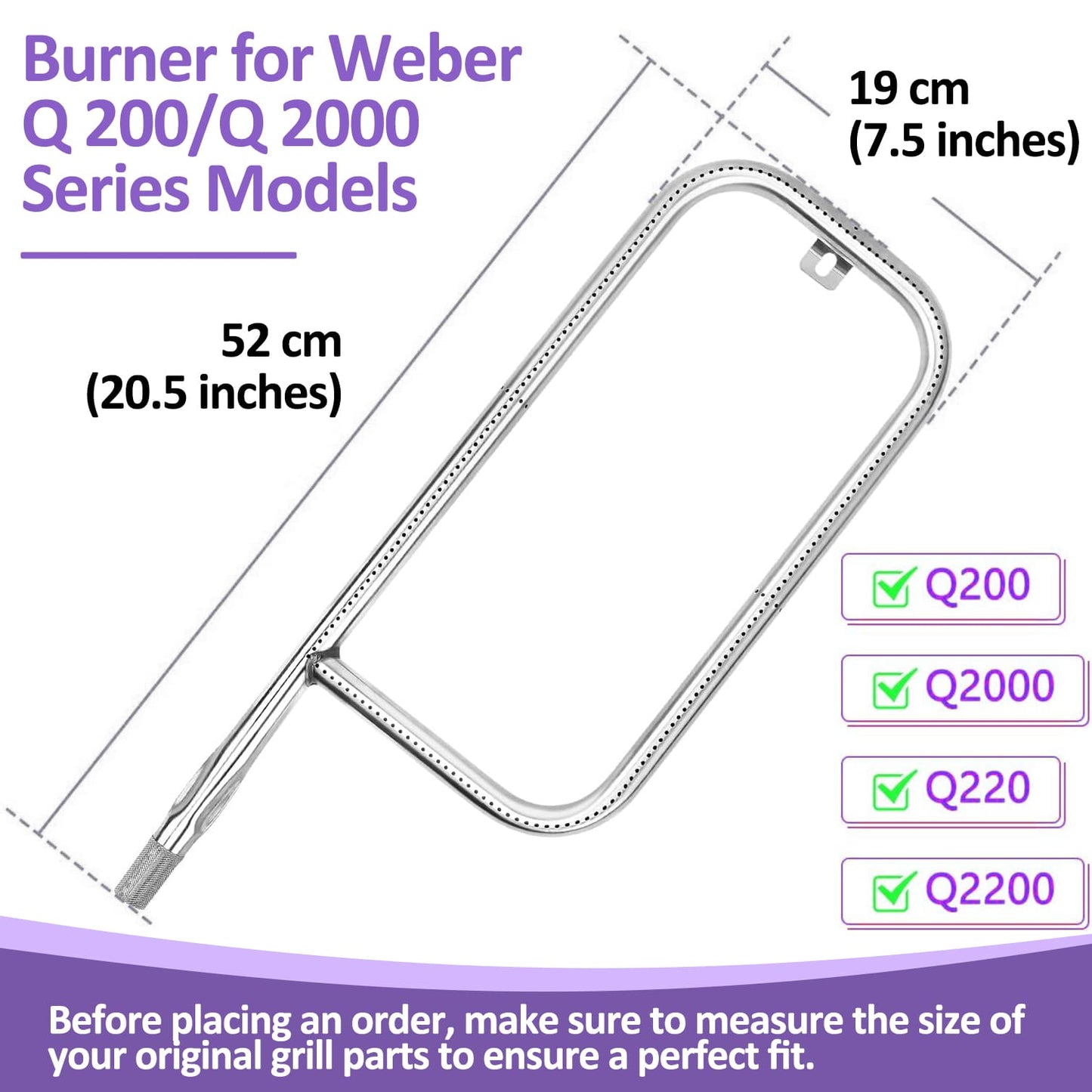 41862/60041 Replacement Burner for Weber Q200/Q220/Q2000/Q2200 Grills, 52 cm, Stainless Steel, Weber Q Grill Parts