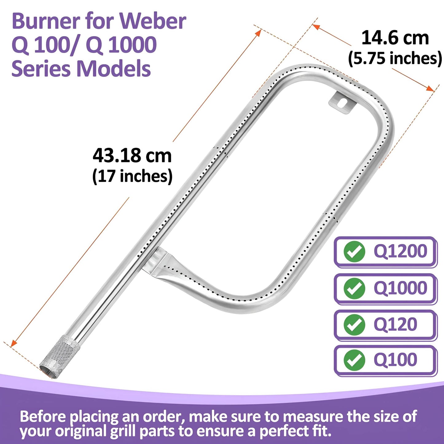 60040/69957/41657 Burner for Weber Q 100/1000 Series Grills (Q1000, Q1200, Q100, Q120, Baby Q) - 43 cm, Weber Q Grill Parts