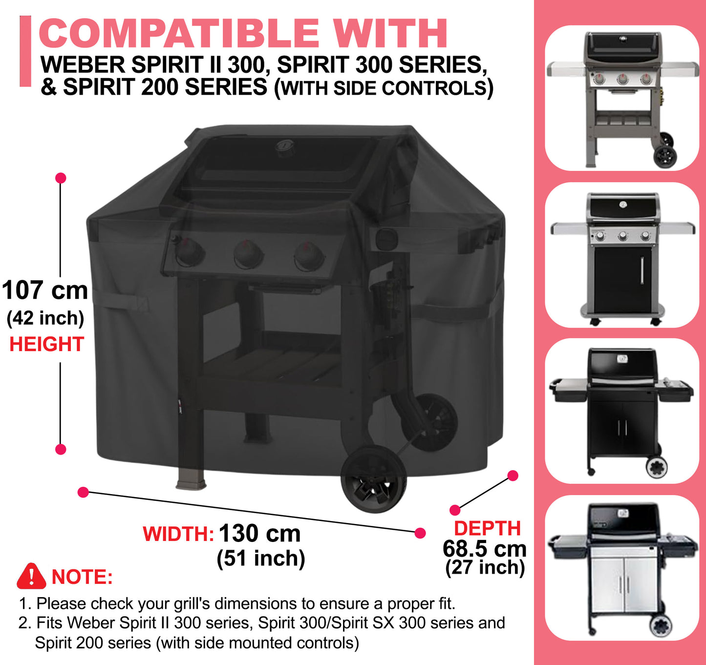 7139 Weber grillin suojapeite Spirit II 300- ja Spirit 300 -sarjan grilleille, 600D Oxford-kangas, vedenpitävä ja kestävä PU-pinnoite, yhteensopiva Weber Spirit I & II E-310, E-330, E-315 (130 P x 68 L x 107 K cm)