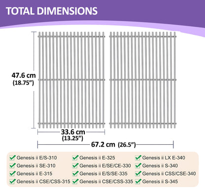 66095/66802/66805 Grill Grates for Weber Genesis II 300 and Genesis II LX 300 Series Gas Grills, 47.63 cm x 33.66 cm Stainless Steel Cooking Grates