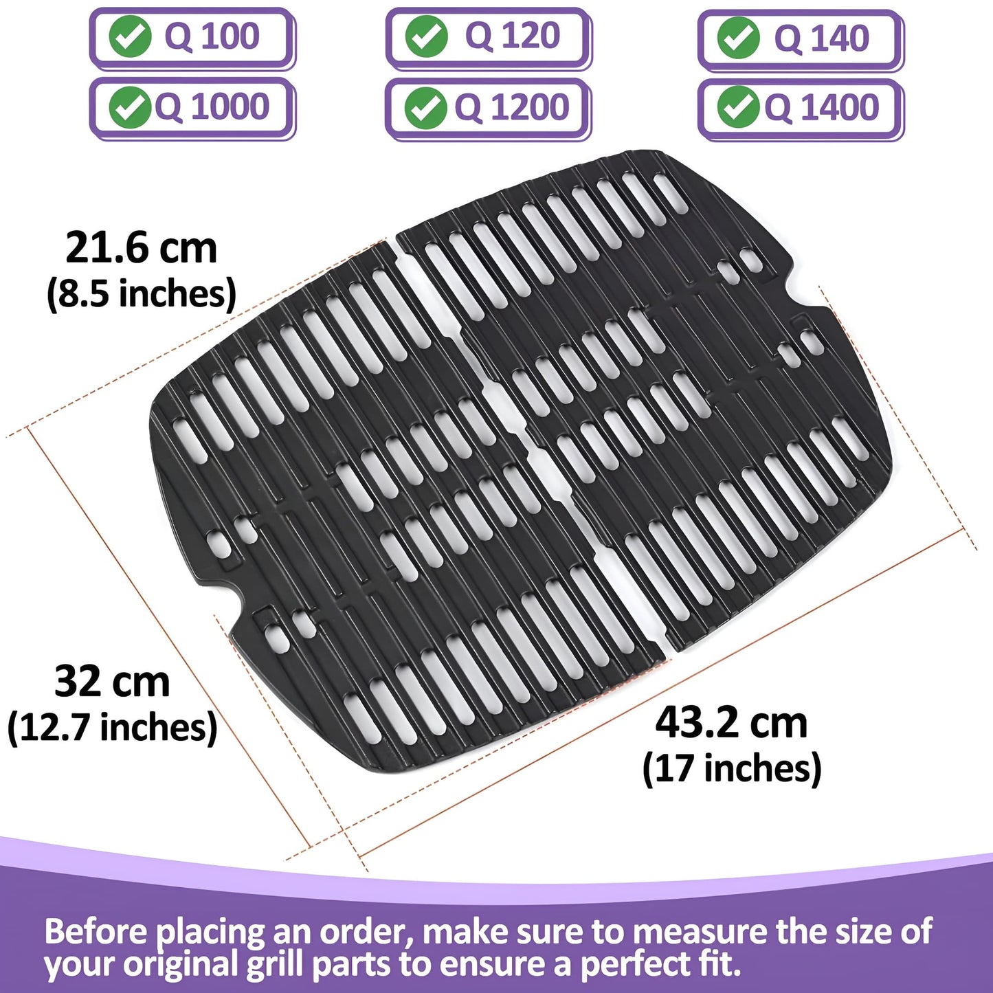 7644 Cast Iron Cooking Grates for Weber Q 100/1000 Series (Q100, Q1000, Q120, Q1200, Q140, Q1400, Baby Q) Gas Grills, Weber Q Grill Parts
