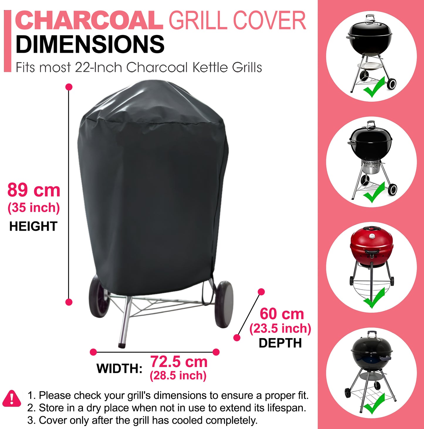 7176 BBQ Grillisuojus 56 cm Hiiligrillille, 600D Oxford Kangas, Kestävä & Vedenpitävä, PU Suoja Weber 22 Tuuman Master Touch Hiiligrillille, Original Kettle Grillille ja Muulle (72,5 L x 60 S x 89 K cm)